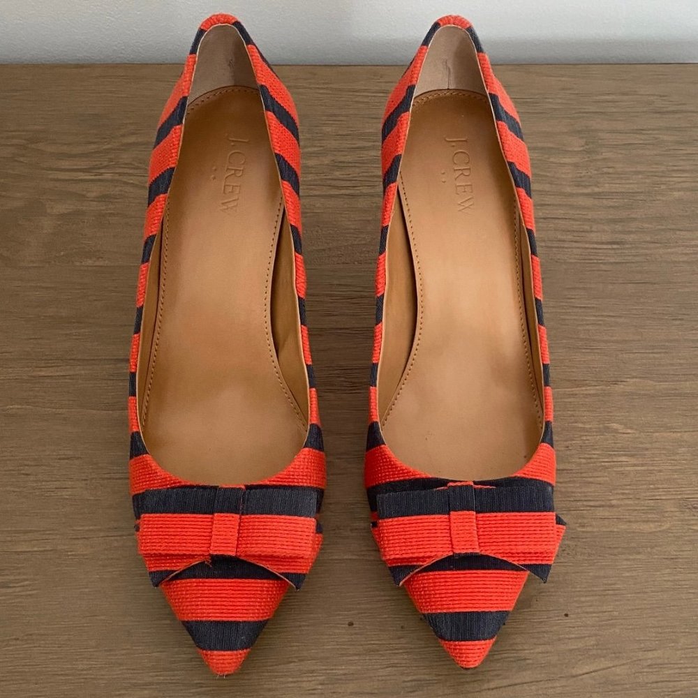J. Crew Red and Navy Striped Pumps with Bow